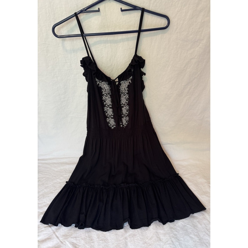 Charlotte Russe LBD Babydoll Mini Dress Black Small Straps Embroidery Details